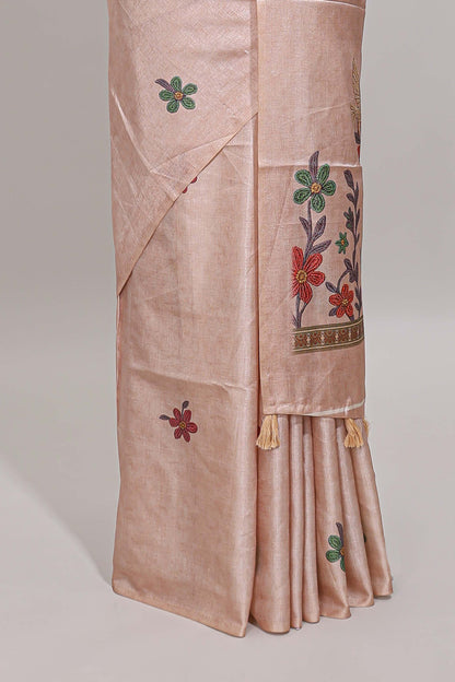 Borderless beige floral motifs art tussar saree with matching blouse and floral design pallu