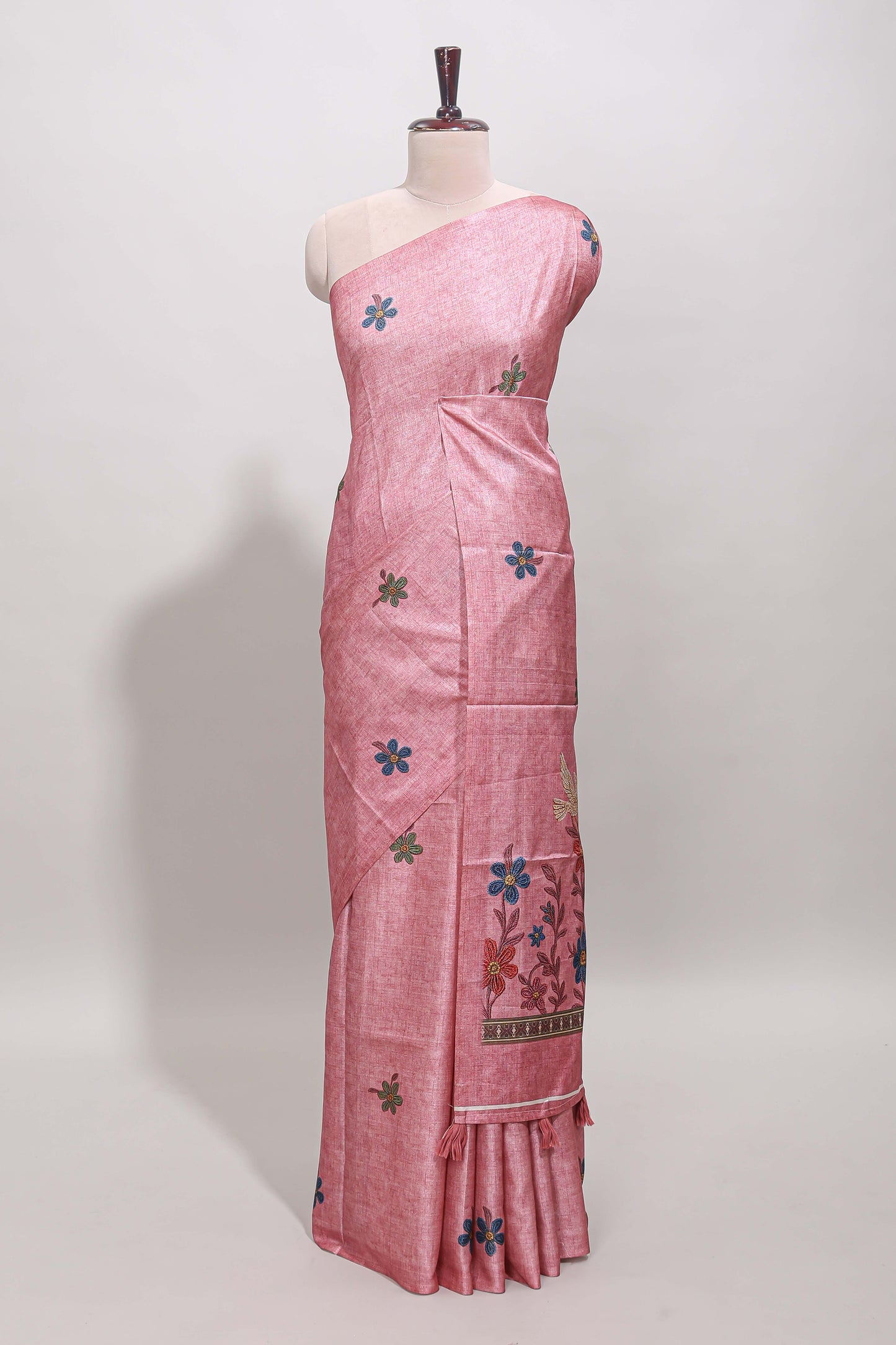 Borderless pink floral motifs art tussar saree with matching blouse and floral design pallu
