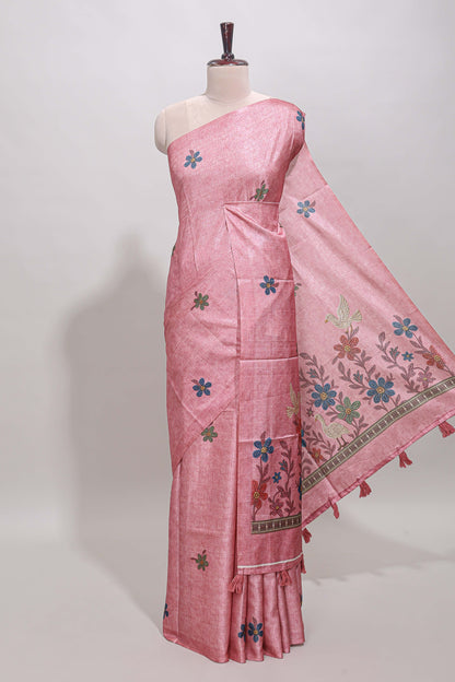 Borderless pink floral motifs art tussar saree with matching blouse and floral design pallu
