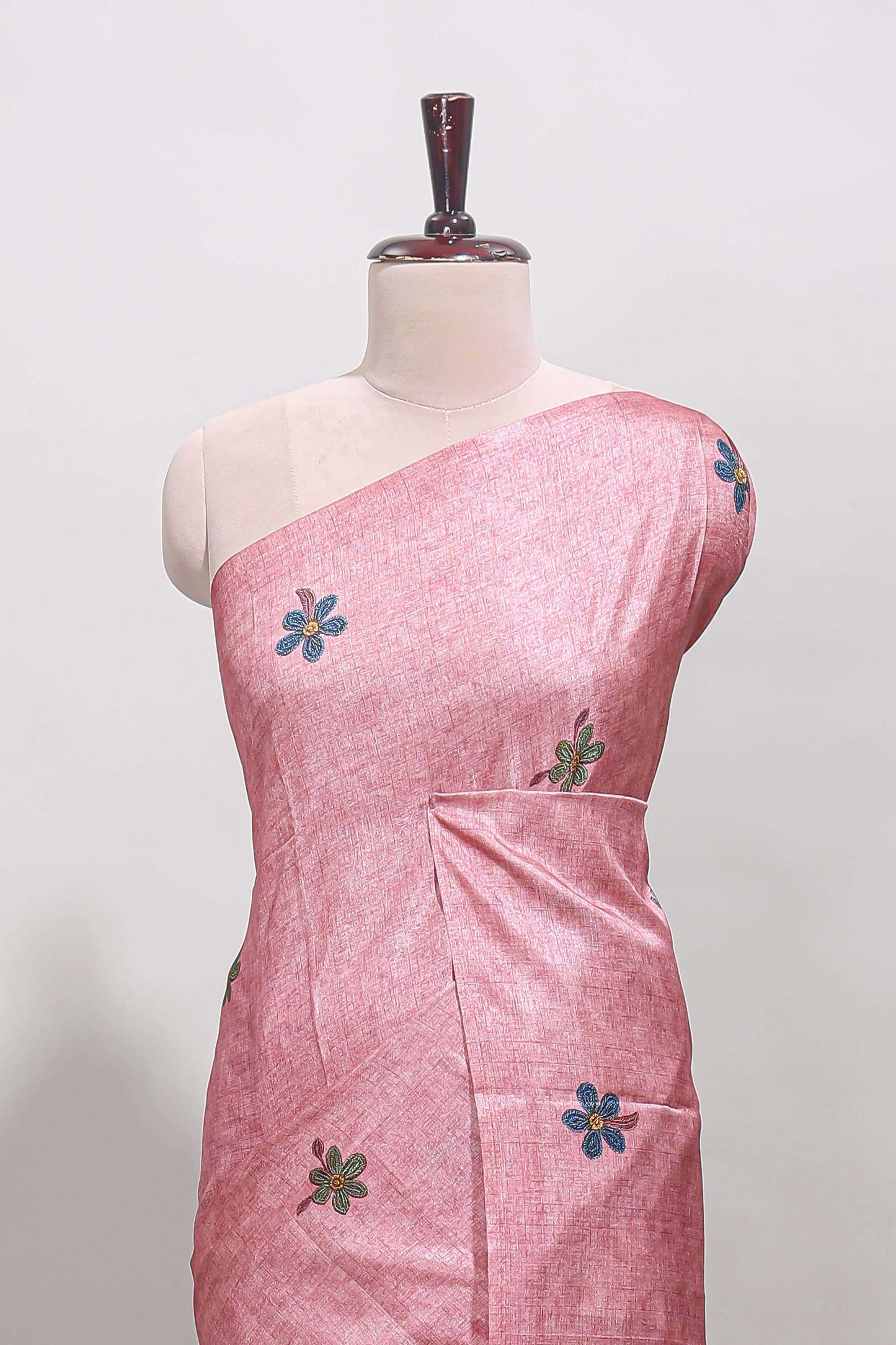 Borderless pink floral motifs art tussar saree with matching blouse and floral design pallu