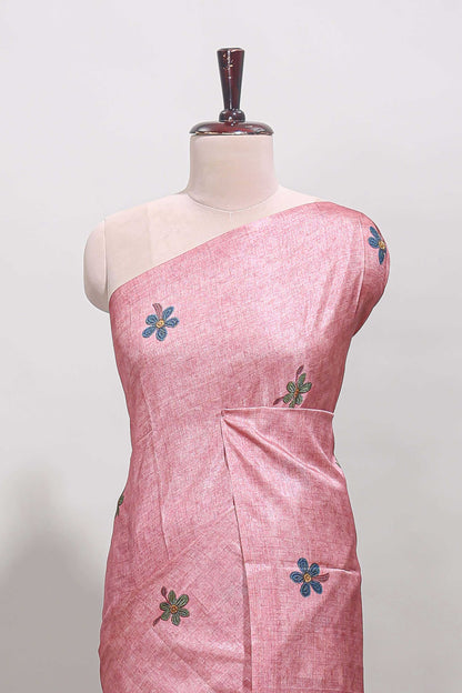 Borderless pink floral motifs art tussar saree with matching blouse and floral design pallu