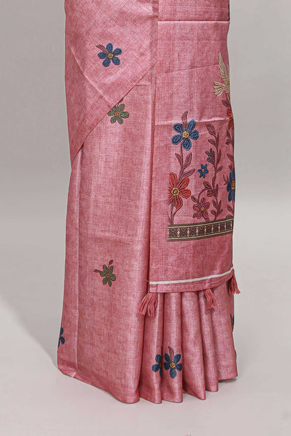 Borderless pink floral motifs art tussar saree with matching blouse and floral design pallu