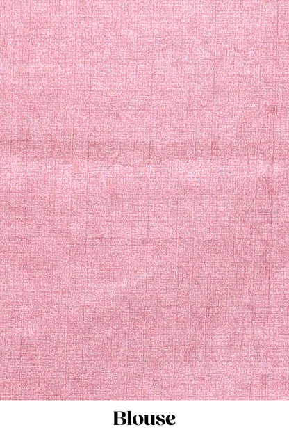 Borderless pink floral motifs art tussar saree with matching blouse and floral design pallu