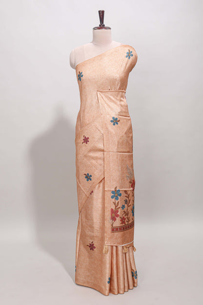 Borderless orange floral motifs art tussar saree with matching blouse and floral design pallu