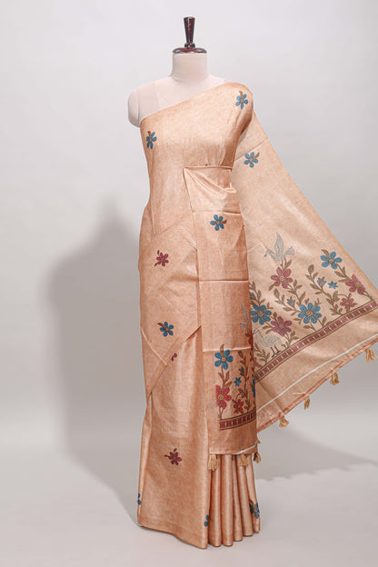 Borderless orange floral motifs art tussar saree with matching blouse and floral design pallu