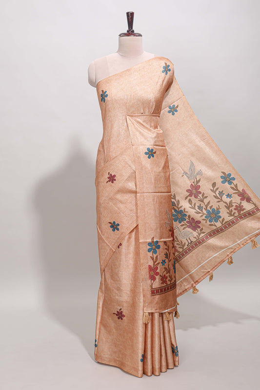 Borderless orange floral motifs art tussar saree with matching blouse and floral design pallu