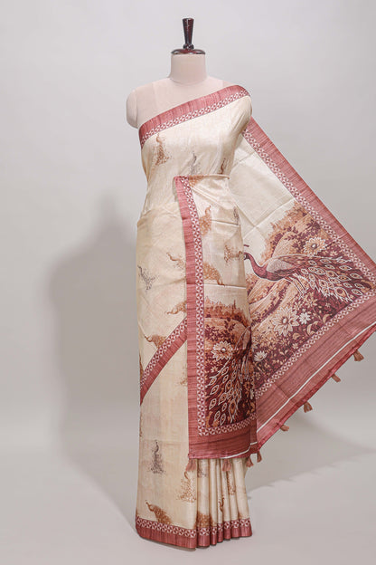 Cream peacock motifs tussar saree with contrast peach border and peacock printed pallu