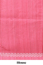 Cream peacock motifs tussar saree with contrast rani pink border and peacock printed pallu