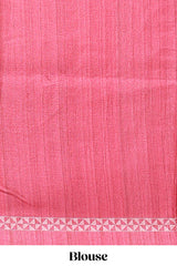 Cream peacock motifs tussar saree with contrast rani pink border and peacock printed pallu