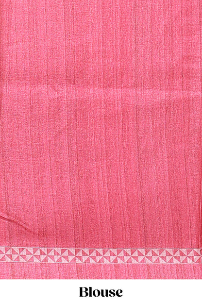 Cream peacock motifs tussar saree with contrast rani pink border and peacock printed pallu