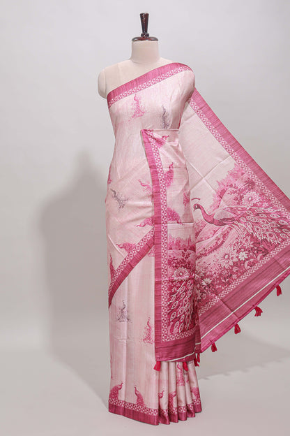 Cream peacock motifs tussar saree with contrast pink border and peacock printed pallu