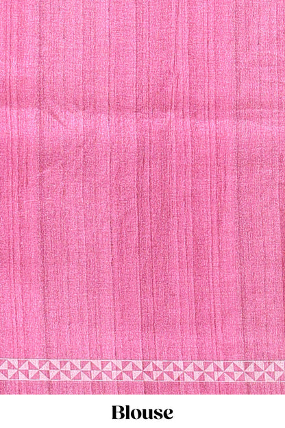 Cream peacock motifs tussar saree with contrast pink border and peacock printed pallu