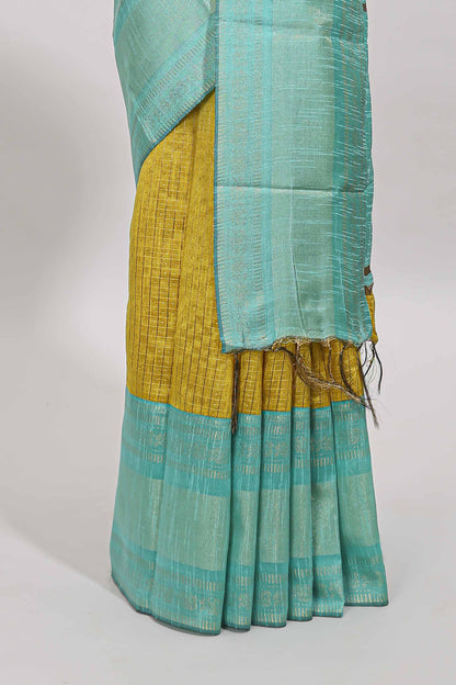 Yellow checked tussar saree with contrast blue zari border and checked blouse