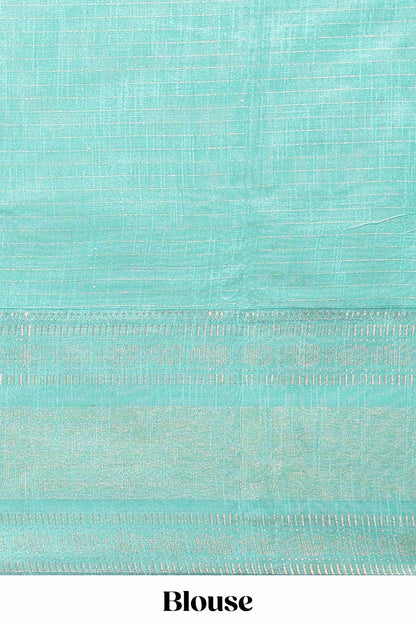 Yellow checked tussar saree with contrast blue zari border and checked blouse