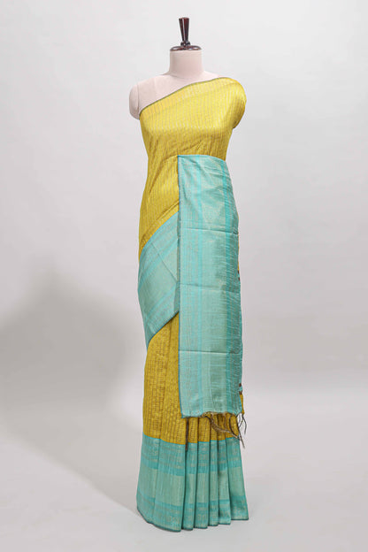 Yellow checked tussar saree with contrast blue zari border and checked blouse