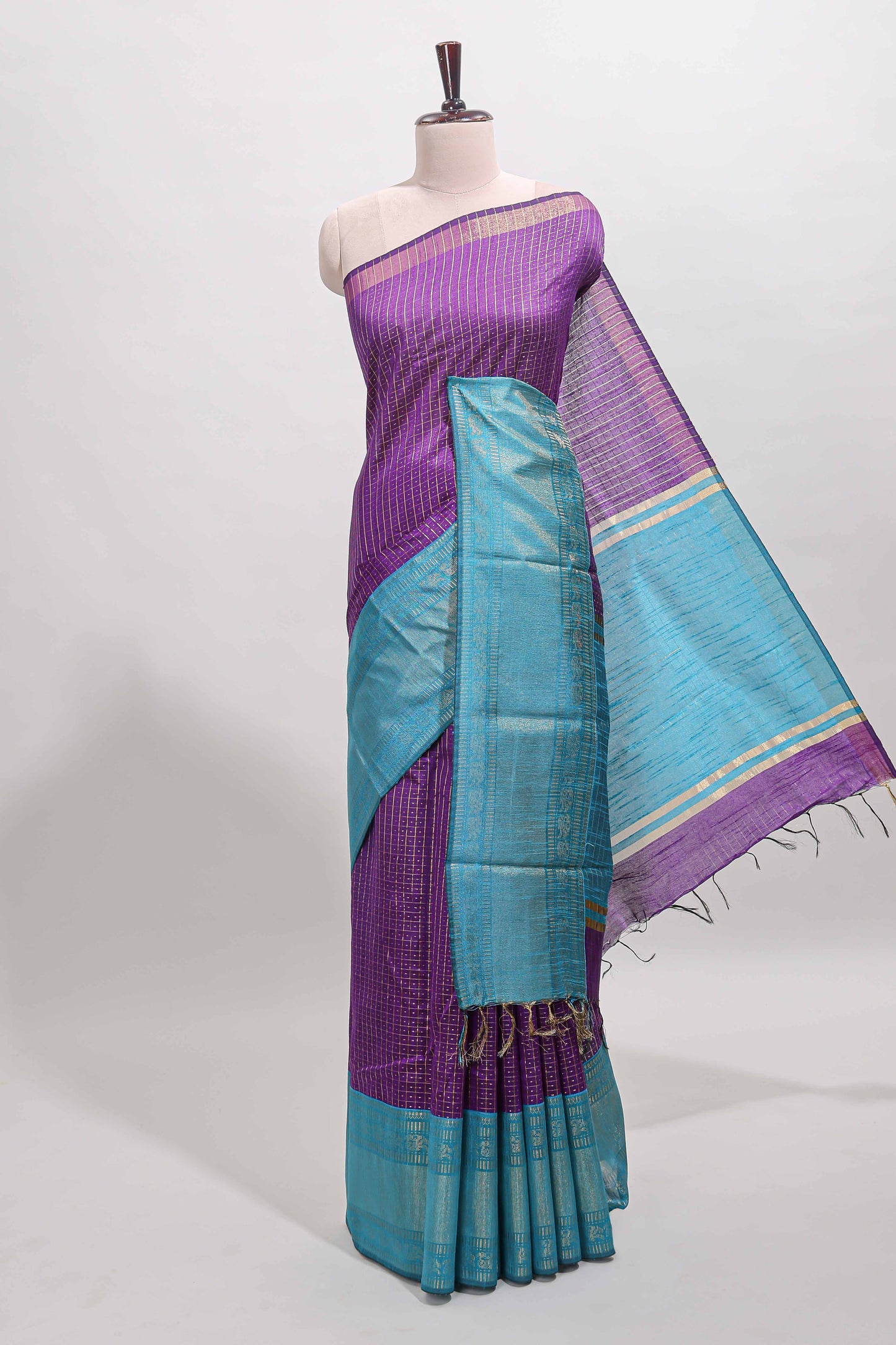 Violet checked tussar saree with contrast blue zari border and checked blouse