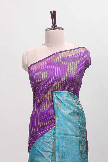 Violet checked tussar saree with contrast blue zari border and checked blouse