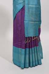 Violet checked tussar saree with contrast blue zari border and checked blouse