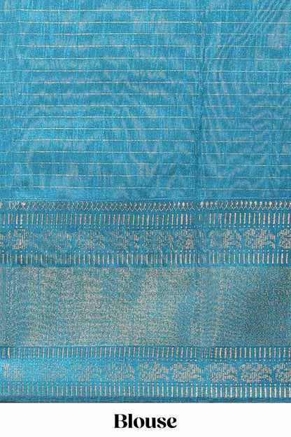 Violet checked tussar saree with contrast blue zari border and checked blouse