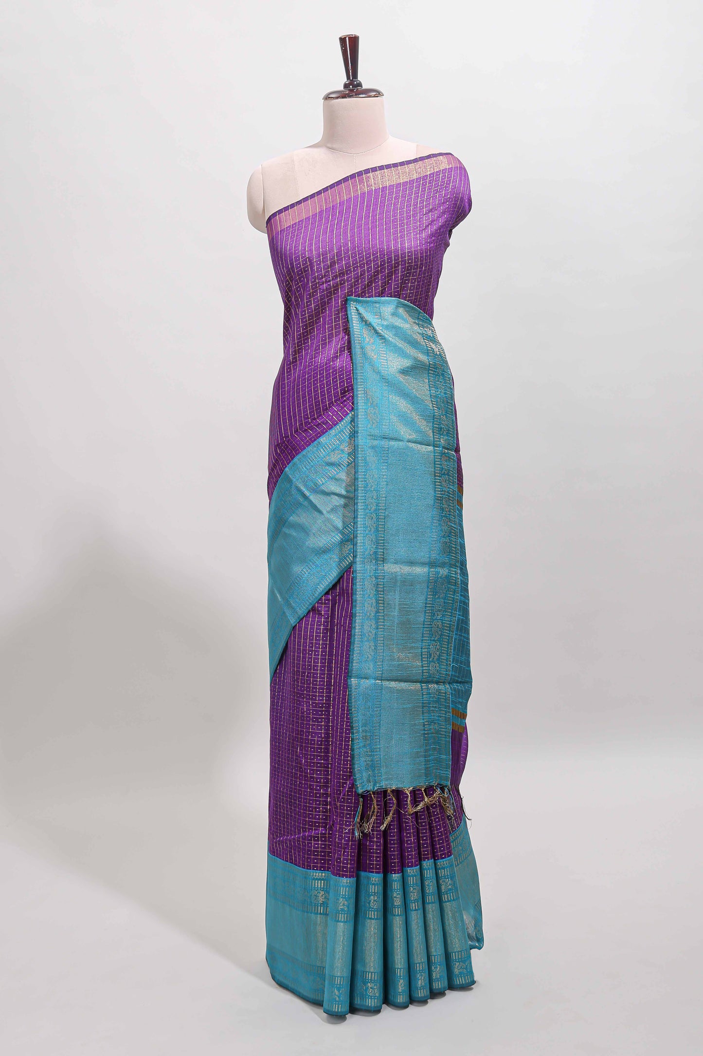Violet checked tussar saree with contrast blue zari border and checked blouse
