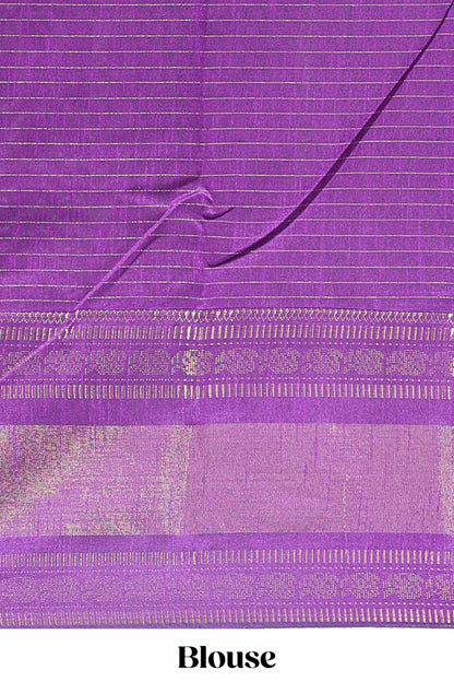 White checked tussar saree with contrast violet zari border and checked blouse