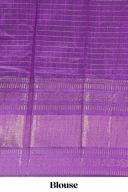 Blue checked tussar saree with contrast violet zari border and checked blouse