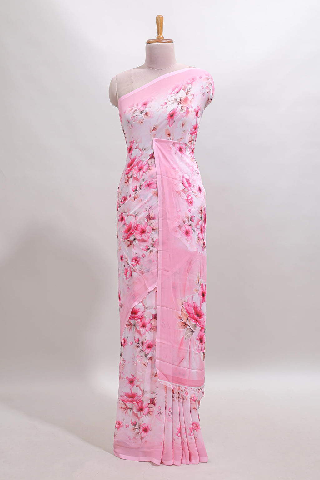 Pink floral design tussar saree with self border and matching blouse