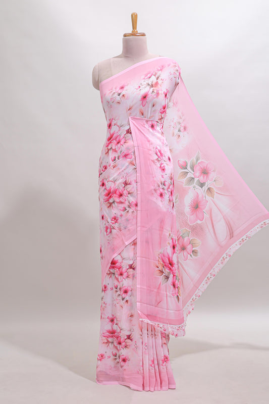 Pink floral design tussar saree with self border and matching blouse