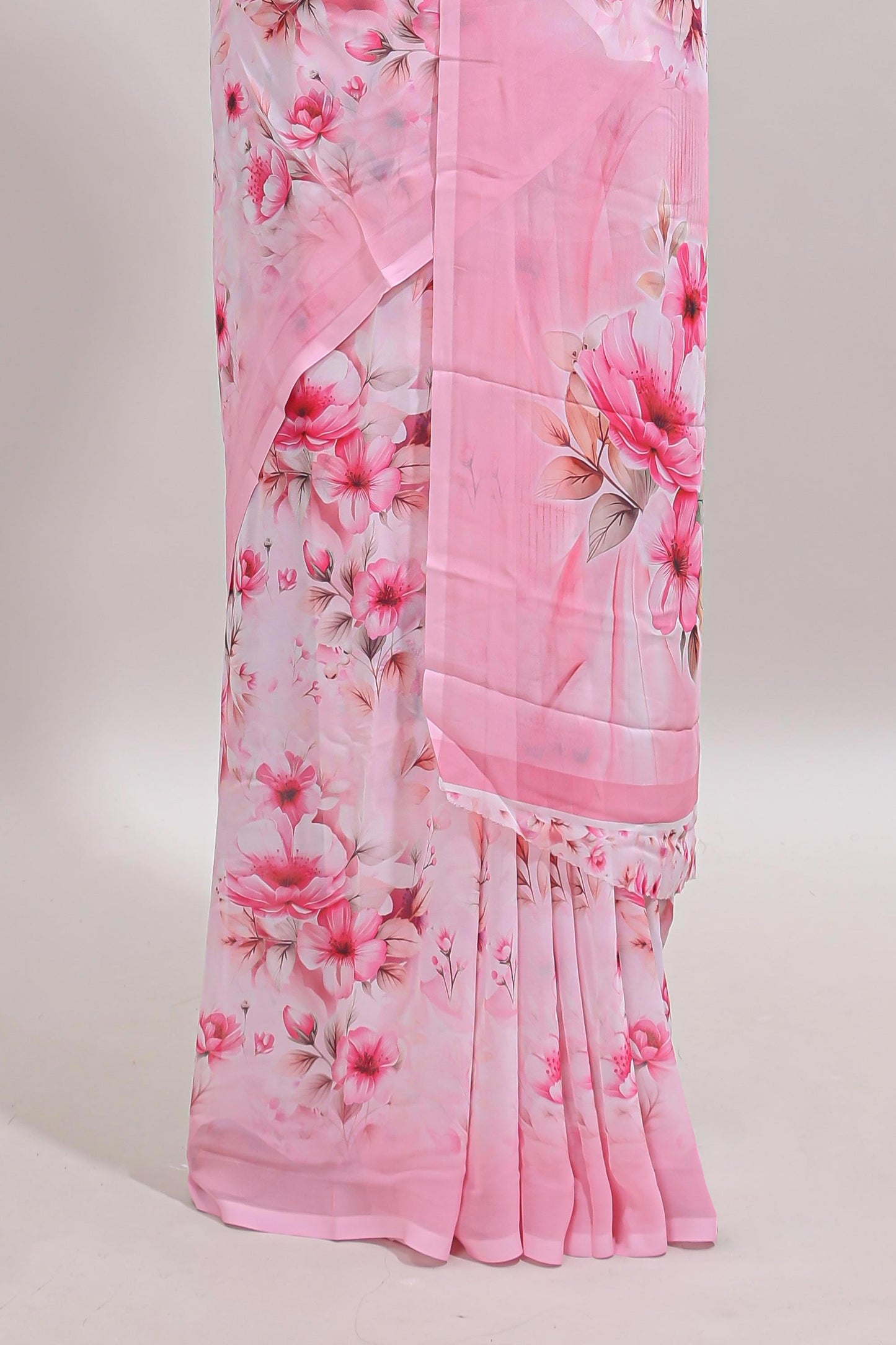 Pink floral design tussar saree with self border and matching blouse