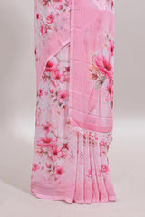 Pink floral design tussar saree with self border and matching blouse
