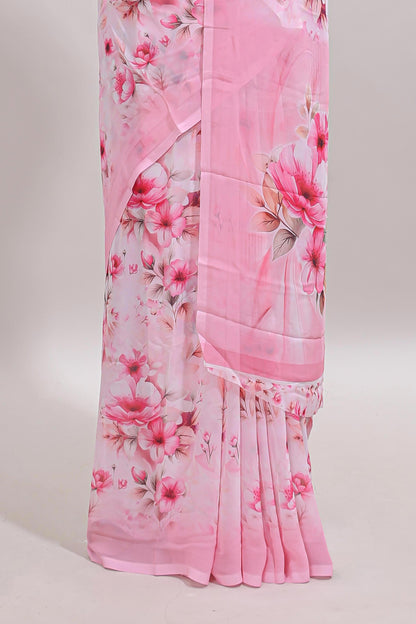 Pink floral design tussar saree with self border and matching blouse
