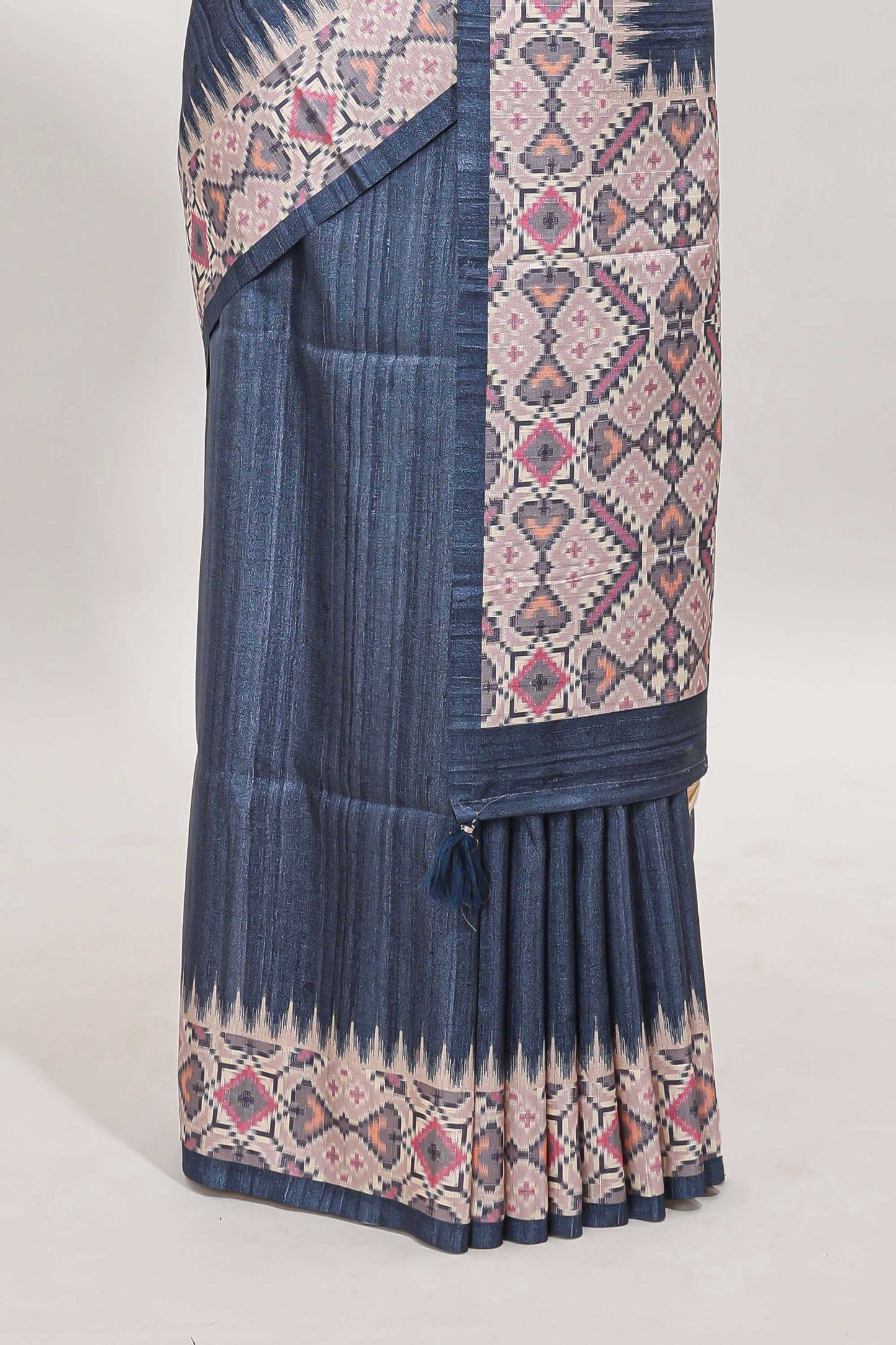 Blue ikkat style tussar saree with contrast border and printed Pallu