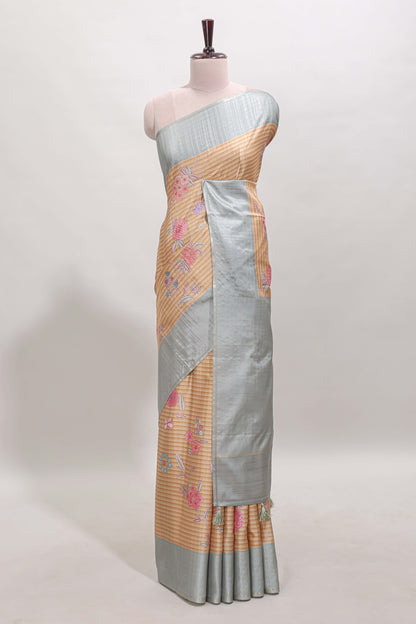 Sandal striped floral design tussar saree with contrast border and blouse