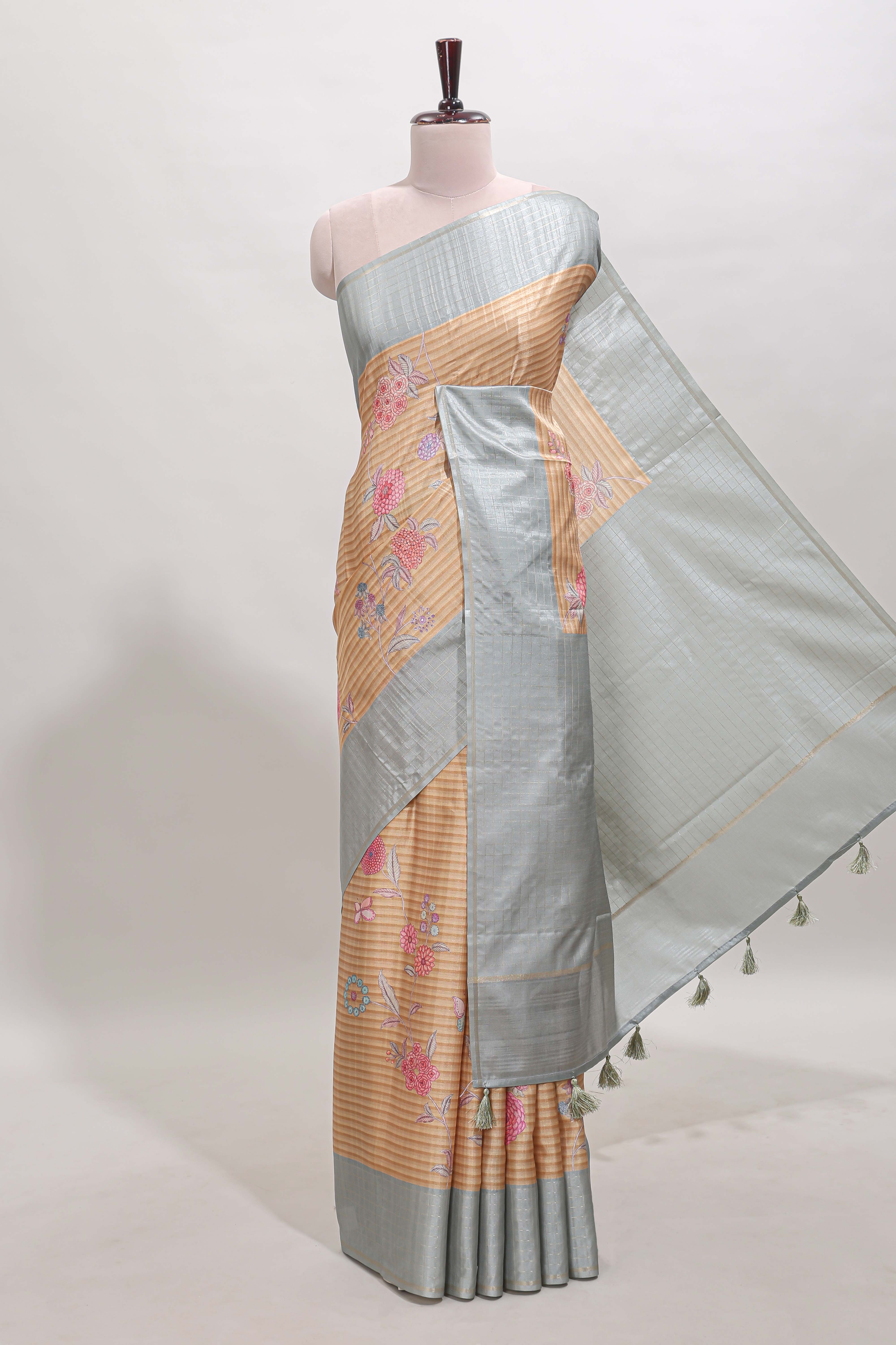 Sandal striped floral design tussar saree with contrast border and blouse