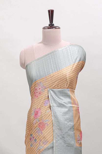Sandal striped floral design tussar saree with contrast border and blouse