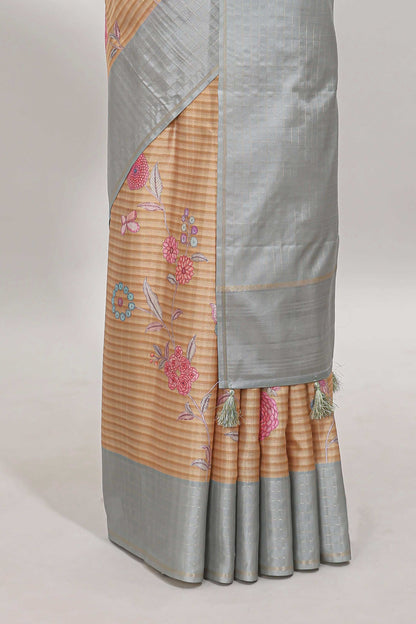 Sandal striped floral design tussar saree with contrast border and blouse
