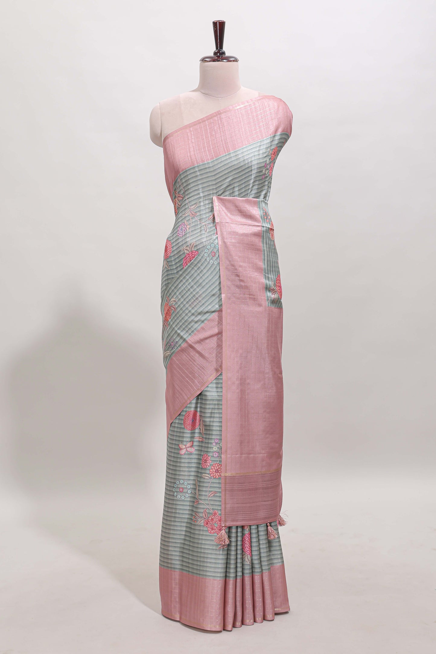 Grey striped floral design tussar saree with contrast border and blouse