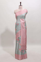 Grey striped floral design tussar saree with contrast border and blouse
