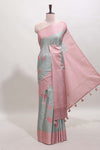 Grey striped floral design tussar saree with contrast border and blouse