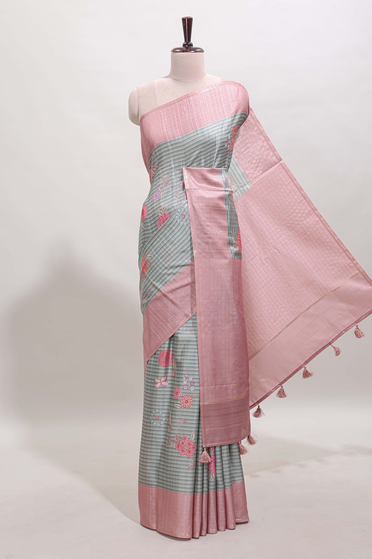 Grey striped floral design tussar saree with contrast border and blouse