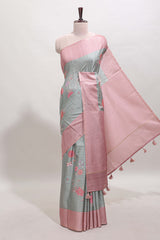 Grey striped floral design tussar saree with contrast border and blouse