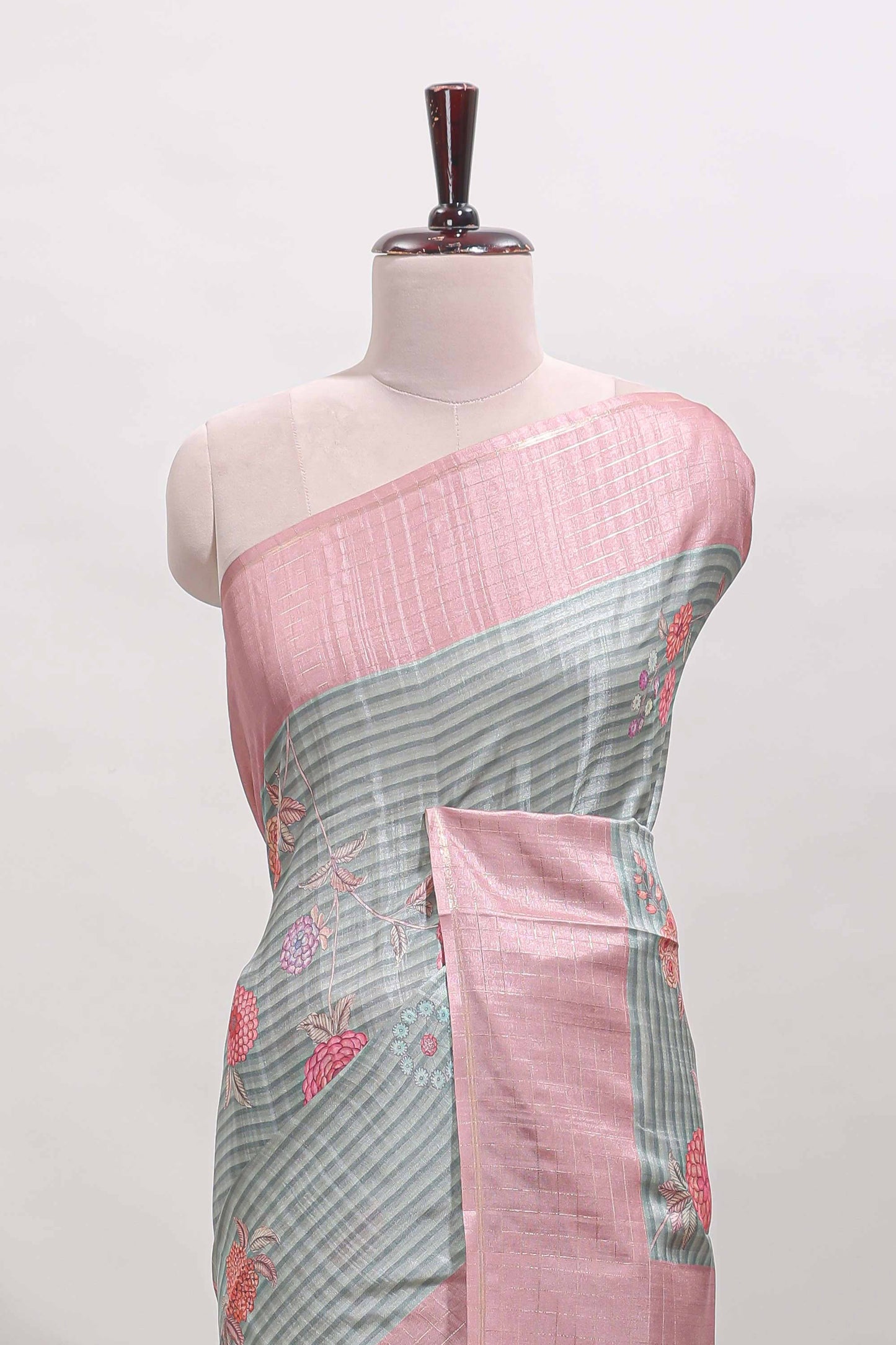 Grey striped floral design tussar saree with contrast border and blouse
