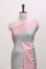 Grey striped floral design tussar saree with contrast border and blouse