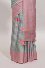 Grey striped floral design tussar saree with contrast border and blouse