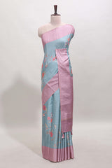 Blue striped floral design tussar saree with contrast border and blouse