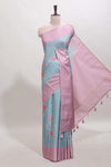 Blue striped floral design tussar saree with contrast border and blouse