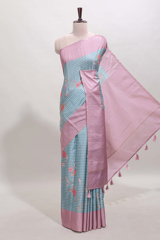 Blue striped floral design tussar saree with contrast border and blouse