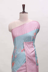 Blue striped floral design tussar saree with contrast border and blouse