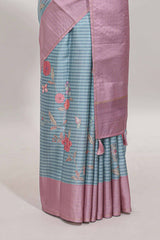 Blue striped floral design tussar saree with contrast border and blouse