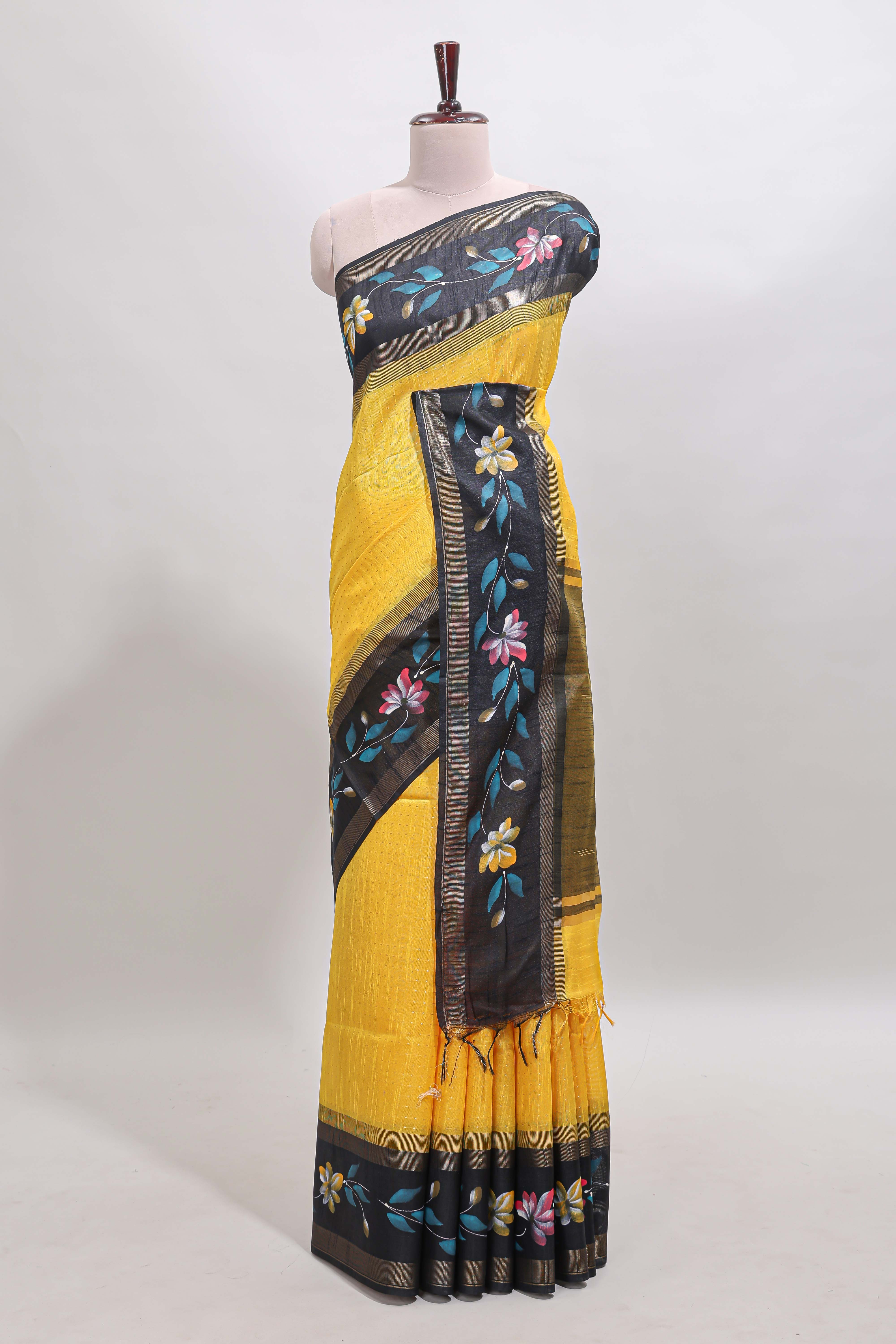 Yellow checked semi tussar saree with contrast floral vine border and blouse